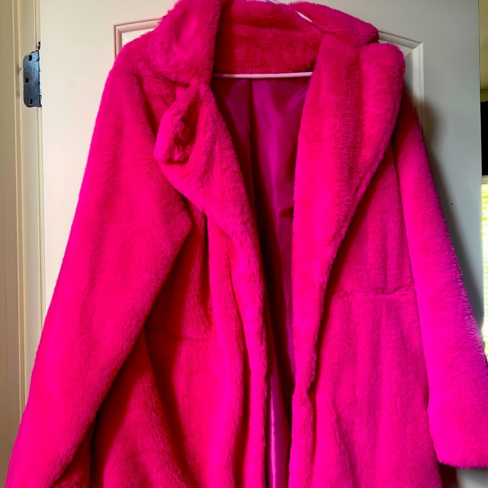 Hot pink faux fur jacket, ERAS-tour inspired